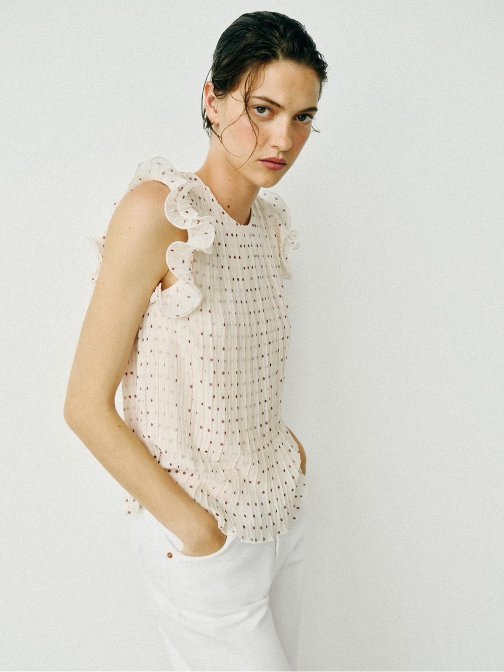 Zara Pale Blush Ruffle-Sleeve Dot Blouse
